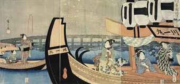 Toto Ryogokubashi Noryo Hanabi 
No Zu (view Of Enjoying Fireworks In The Evening Cool At Ryogoku Bridge 
In The Eastern Capital) Oil Painting by Utagawa or Ando Hiroshige