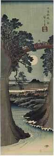 Koyo Saruhashi (the Monkey Bridge In Kai Province) 
Woodcut Vertical Diptych Of Travelers Crossing The Monkey Bridge Over A River In The Light Of The Full Moon Oil Painting by Utagawa or Ando Hiroshige