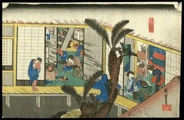 Travelers And Hostesses At An Inn At Akasaka Oil Painting by Utagawa or Ando Hiroshige