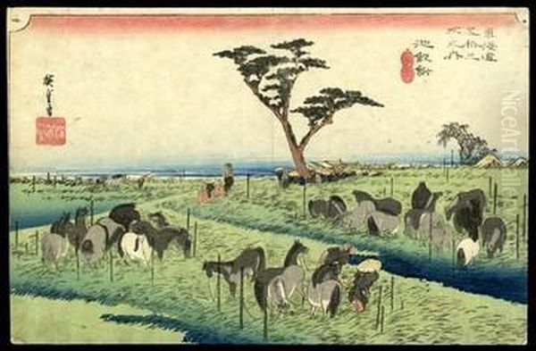 The Horse Market In The Fourth Month At Chiryu Oil Painting by Utagawa or Ando Hiroshige