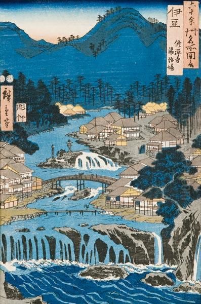 Vedute Celebri Delle Oltre 60 
Province Giapponesi, Provincia Di Izu, Sorgenti Presso Il Tempio Shuzen Oil Painting by Utagawa or Ando Hiroshige