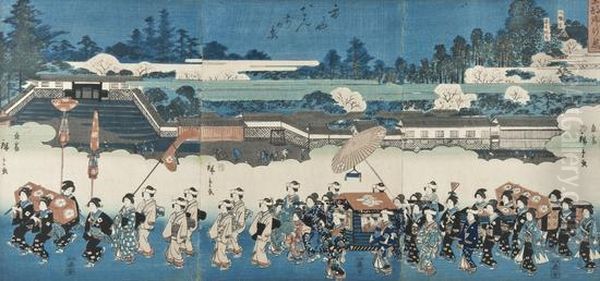 A Processional Triptych Oil Painting by Utagawa or Ando Hiroshige