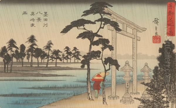 Temple Landscape With Travelers In The Rain Oil Painting by Utagawa or Ando Hiroshige