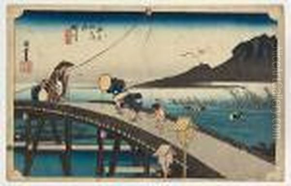 Kakegawa Oil Painting by Utagawa or Ando Hiroshige