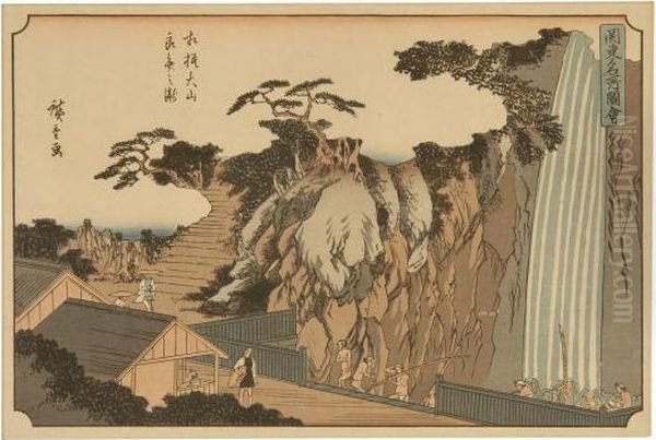 Bathing In The Waterfall Near Kamakasa Oil Painting by Utagawa or Ando Hiroshige