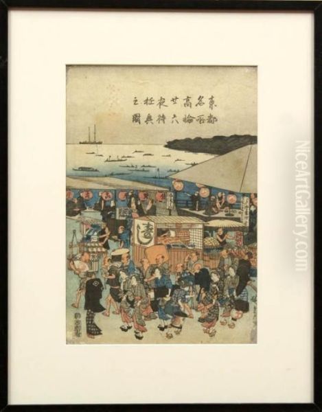 Two Sheets (center And Right) 
From The Triptyph Toto Meisho Takanawa Nijuroku-ya Machi Yukyo No Zu 
(feast In Waiting For The Moon At Takanawa Oil Painting by Utagawa or Ando Hiroshige