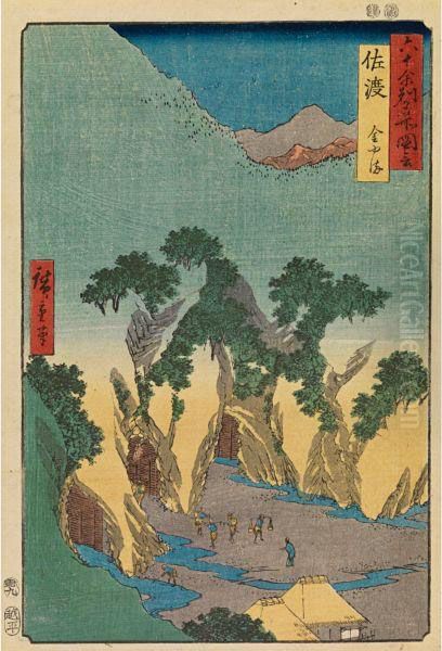 Seven Prints From The Series Rokujuyoshu Meisho Zue Oil Painting by Utagawa or Ando Hiroshige