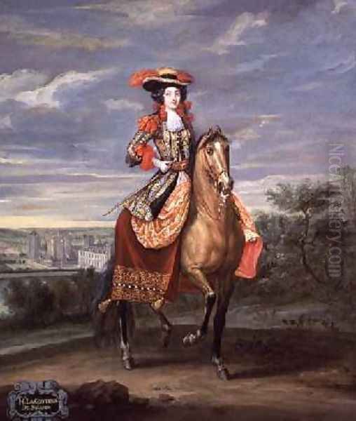 La Comtesse de Soissons Riding with a View of the Chateau de Vincennes Oil Painting by Jean-Baptiste Martin