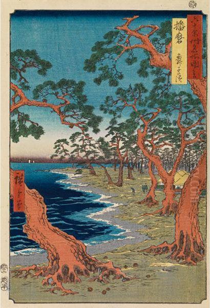 Trois Estampes De La Serierokuju Yoshu Meisho Zue Oil Painting by Utagawa or Ando Hiroshige