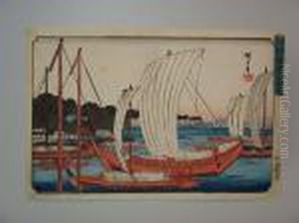 Les Bateaux Entrant Dans Un Port Oil Painting by Utagawa or Ando Hiroshige