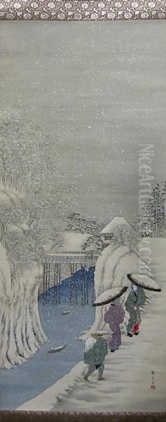 Landscape In Snow Oil Painting by Utagawa or Ando Hiroshige