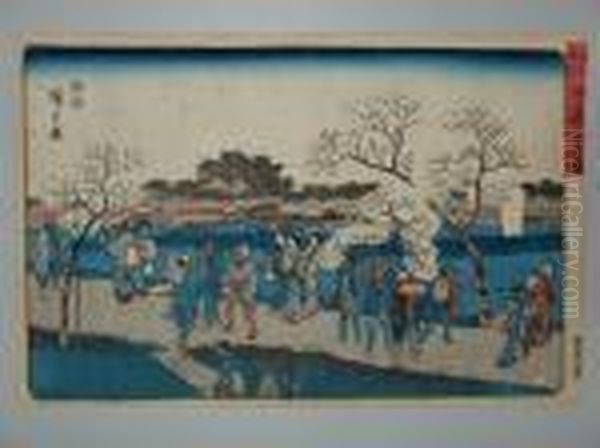 La Promenade A La Floraison Des Cerisiers Au Bord Du Sumida Oil Painting by Utagawa or Ando Hiroshige