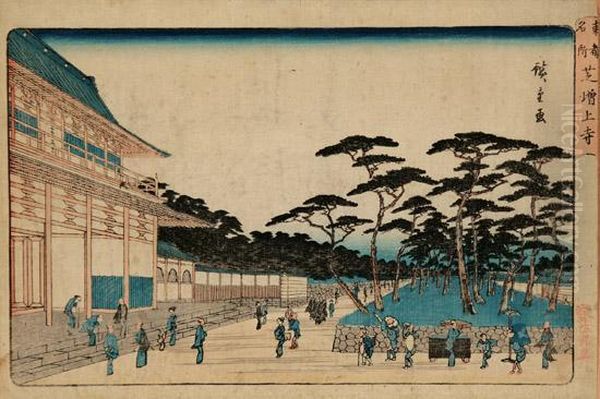 Shiba Zojoji Temple Oil Painting by Utagawa or Ando Hiroshige