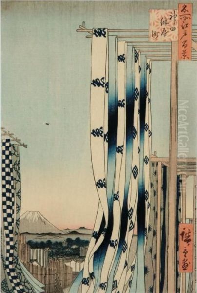 The Dyers' Street In Kanda Oil Painting by Utagawa or Ando Hiroshige