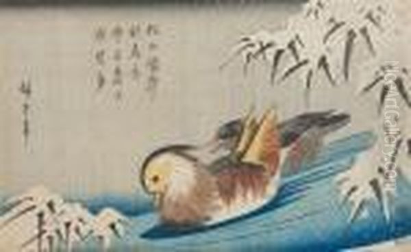 Un Couple De Canards Mandarins Nageant Dans Un Paysagede Neige Oil Painting by Utagawa or Ando Hiroshige