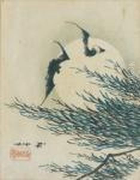 Un Couple De Chauvessouris Devant Lapleine Lune Et Un Saule Pleureur Oil Painting by Utagawa or Ando Hiroshige