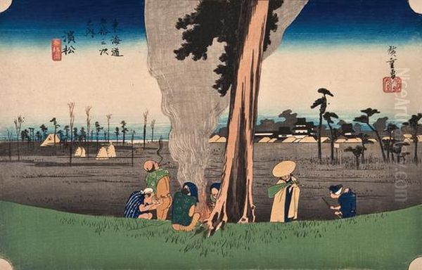 Landscapewith Peasants Round A Fire Oil Painting by Utagawa or Ando Hiroshige