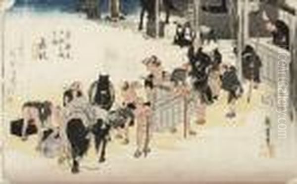 Figurscen Med Barare Oil Painting by Utagawa or Ando Hiroshige