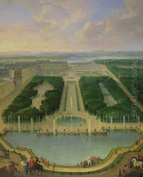 Perspective view of the chateau of Versailles seen from the Neptune Fountain 1696 Oil Painting by Jean-Baptiste Martin