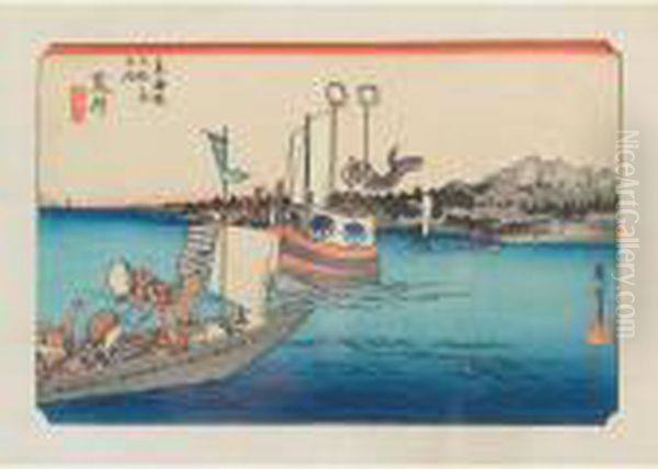 Scene Of Fishermen Oil Painting by Utagawa or Ando Hiroshige