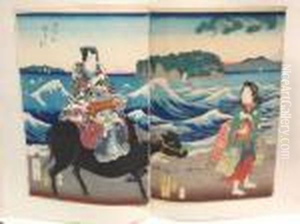 Diptyque Scene En Bord De Mer Oil Painting by Utagawa or Ando Hiroshige