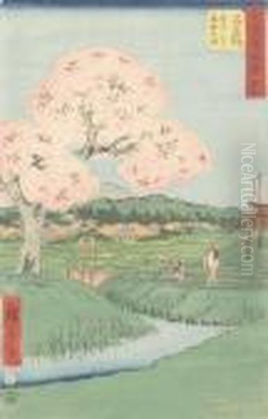 Landschaftspartie Mit Staffage Und Bluhendem Baum. Oil Painting by Utagawa or Ando Hiroshige