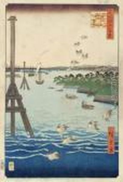 Oban Yoko-e De La Serie Meisho 
Edo Hyakkei, Les Cent Vues D'edo, Planche Shibaura No Fukei, La Vue De 
La Cote Shiba. Oil Painting by Utagawa or Ando Hiroshige