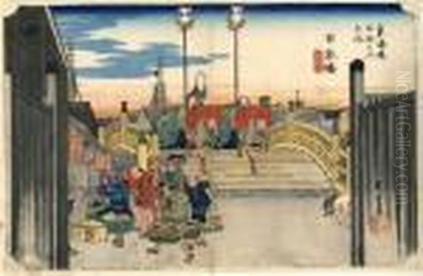 Les 53 Stations Du Tokaido, Nihonbashi - Asa-no-kei Oil Painting by Utagawa or Ando Hiroshige