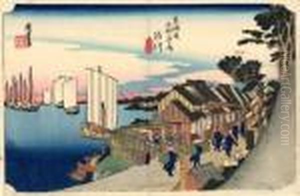 Les 53 Stations Du Tokaido, Shinagawa, Hinode Oil Painting by Utagawa or Ando Hiroshige