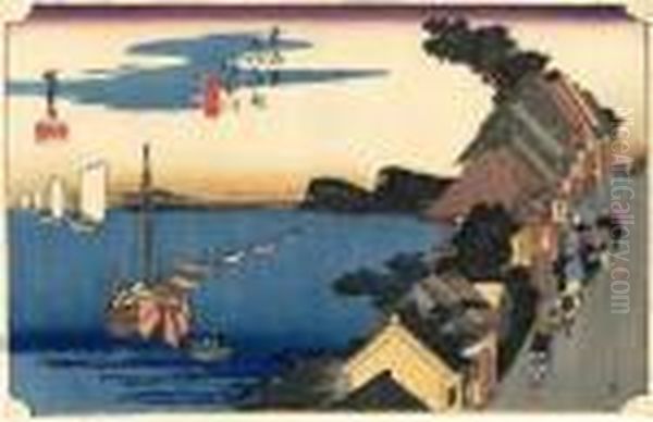 Les 53 Stations Du Tokaido, Kanagawa, Dai-no-kei Oil Painting by Utagawa or Ando Hiroshige