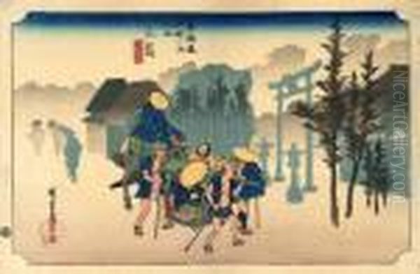 Les 53 Stations Du Tokaido, Mishima, Asagiri Oil Painting by Utagawa or Ando Hiroshige