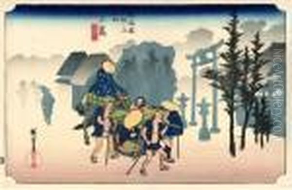 Les 53 Stations Du Tokaido, Mishima, Asagiri Oil Painting by Utagawa or Ando Hiroshige