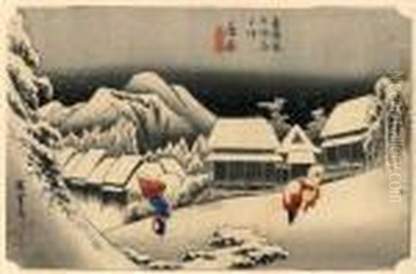 Les 53 Stations Du Tokaido, Kambara, Yoro No Yuki Oil Painting by Utagawa or Ando Hiroshige