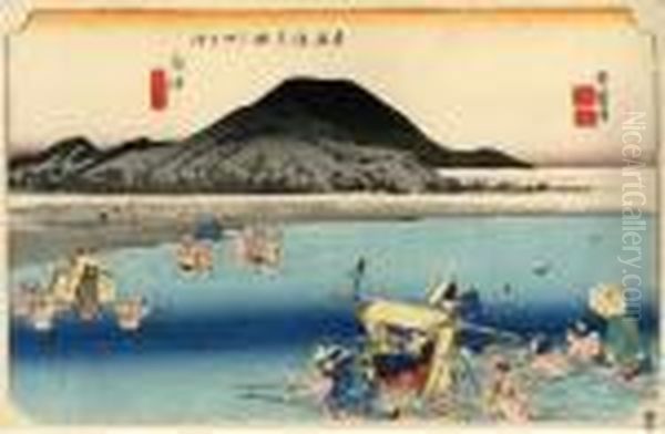 Les 53 Stations Du Tokaido, Fuchu, Abe-kawa Oil Painting by Utagawa or Ando Hiroshige