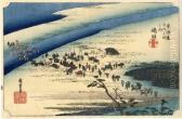 Les 53 Stations Du Tokaido, Shimada, Oi-gawa Shungan Oil Painting by Utagawa or Ando Hiroshige