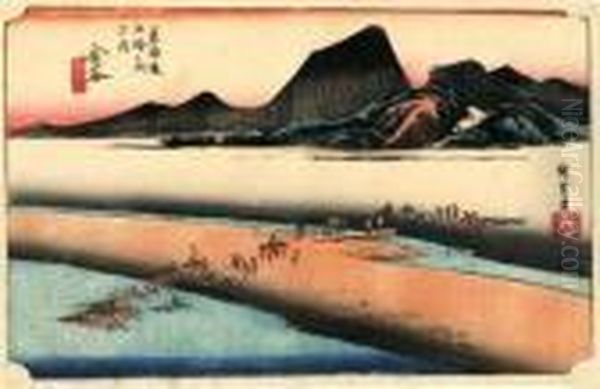 Les 53 Stations Du Tokaido, Kanaya, Oi-gawa Engan Oil Painting by Utagawa or Ando Hiroshige