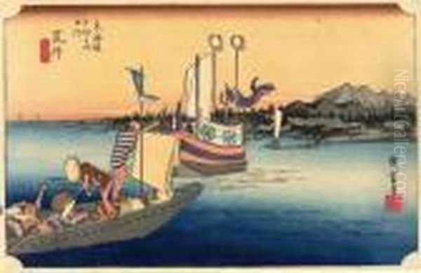 Les 53 Stations Du Tokaido, Arai, Watashi-bune No Zu Oil Painting by Utagawa or Ando Hiroshige