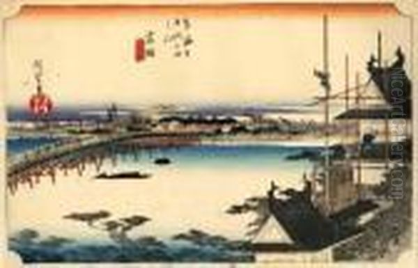 Les 53 Stations Du Tokaido, Yoshida, Toyokawa-bashi Oil Painting by Utagawa or Ando Hiroshige