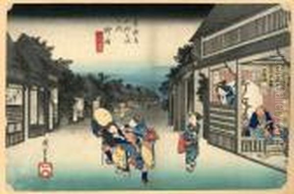 Les 53 Stations Du Tokaido, Goyu, Tabibito Tome-onna Oil Painting by Utagawa or Ando Hiroshige