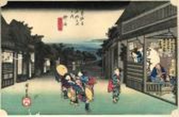 Les 53 Stations Du Tokaido, Gyou, Tabibito Tome-onna Oil Painting by Utagawa or Ando Hiroshige