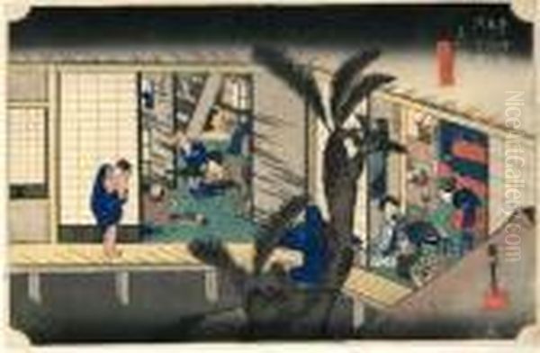 Les 53 Stations Du Tokaido, Akasaka, Ryosha Shofu No Zu Oil Painting by Utagawa or Ando Hiroshige