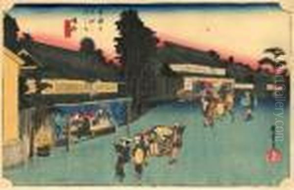 Les 53 Stations Du Tokaido, Narumi, Meibutsu Arimatsu-shibori Oil Painting by Utagawa or Ando Hiroshige