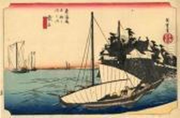 Les 53 Stations Du Tokaido, Kuwana, Shichi-ri Oil Painting by Utagawa or Ando Hiroshige