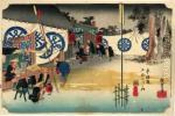 Les 53 Stations Du Tokaido, Seki, Honjin Hayadachi Oil Painting by Utagawa or Ando Hiroshige