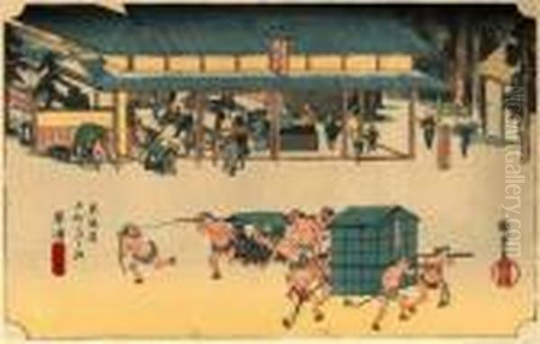 Les 53 Stations Du Tokaido, Kusatsu, Meibutsu Tateba Oil Painting by Utagawa or Ando Hiroshige