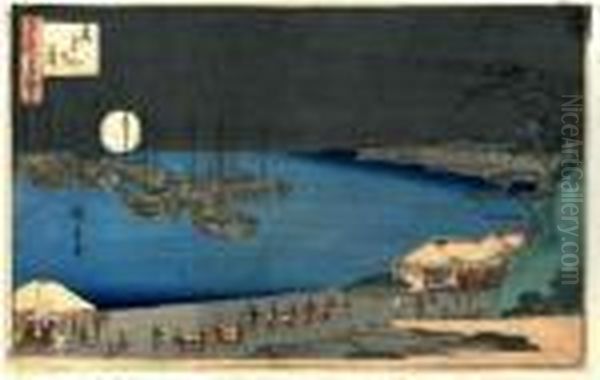 Scene De Mer Avec Bateaux Et Personnages Illumines Par La Pleine Lune Blanche. Oil Painting by Utagawa or Ando Hiroshige