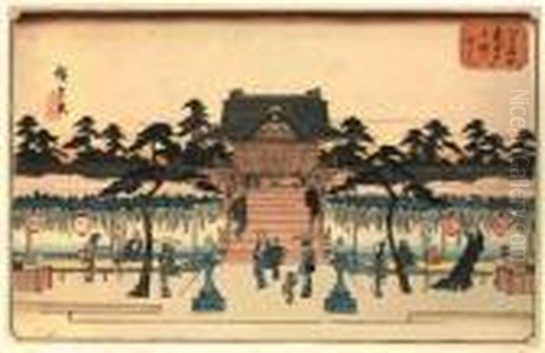 Le Temple De Kameido Et Son Portique. Oil Painting by Utagawa or Ando Hiroshige