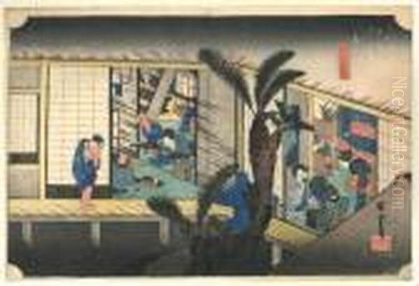 Les Cinquante Trois Stations Du Tokaido Akasaka, Ryosha Shofu No Zu Oil Painting by Utagawa or Ando Hiroshige