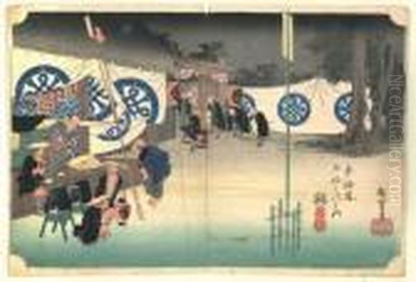 Les Cinquante Trois Stations Du Tokaido, Seki, Honjin Hayadachi Oil Painting by Utagawa or Ando Hiroshige