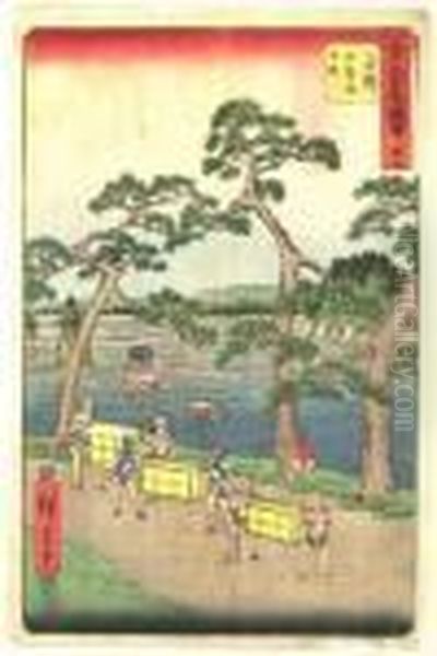 Personnages Au Bord De La Riviere Oil Painting by Utagawa or Ando Hiroshige